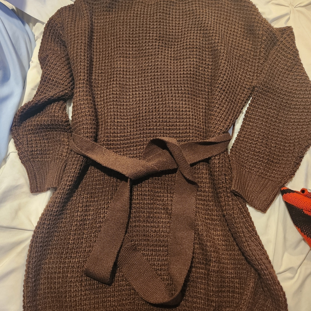 Brown Knit Belted Sweater